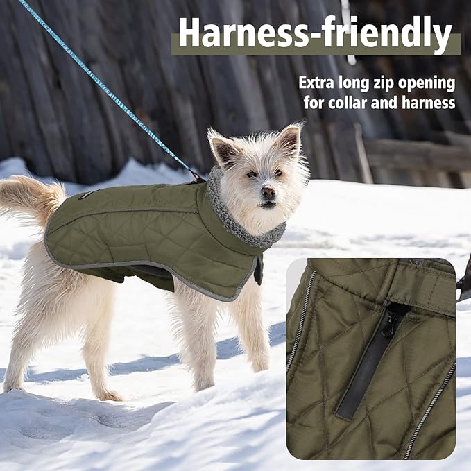 Fragralley Dog Coat Large, Waterproof Dog Jacket with Warm Fleece Lining, Adjustable Reflective Dogs Winter Coat, Turtleneck Pet Coats for Cold Weather (ArmyGreen XXL)