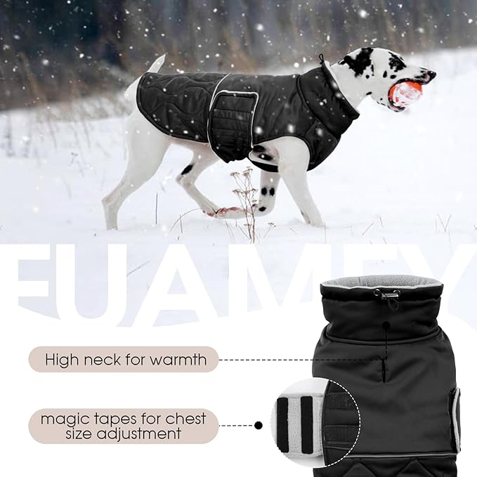 FUAMEY Dog Winter Coat Warm, Dogs Turtleneck Fleece Jacket, Waterproof Cold Weather Puppy Snowsuit with Harness Hole, Extra Small Sherpa Vest for Pet (Black, XS)