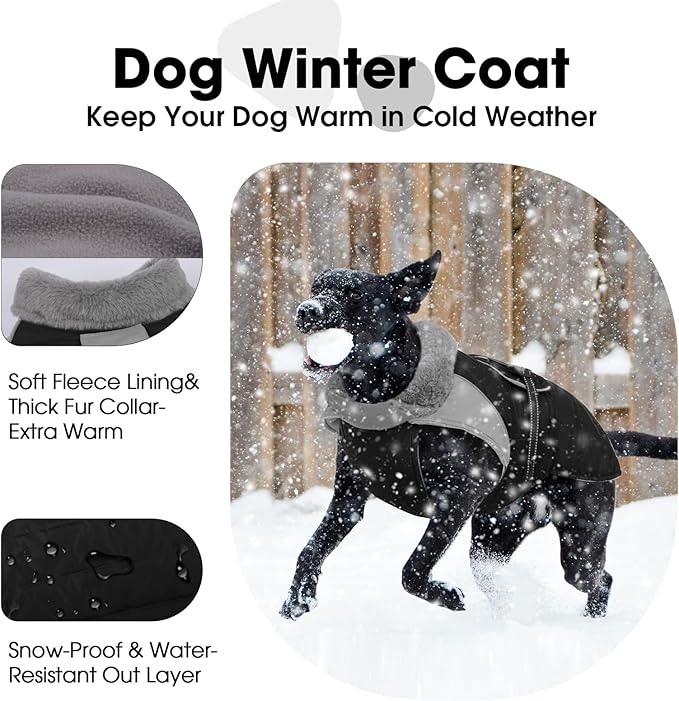 Nanaki Warm Fleece Lined Dog Coats Vests for Winter Waterproof, Furry Collar Dog Jacket with Leash Hole, Reflective Pet Snow Jacket Suit for Outdoor Walking Hunting,Easy On Puppy Coat Beagle, Black L
