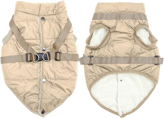 Dog Jacket with Harness,Fleece Lined Warm Puppy Coat for Winter,Soft Windproof Large Dog Vest,Khaki XXL