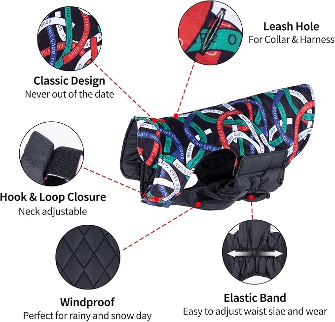 CuteBone Winter Dog Jacket, Windproof Reversible Vest with Leash Hole, Thick Winter Coat for Small, Medium & Large Dogs
