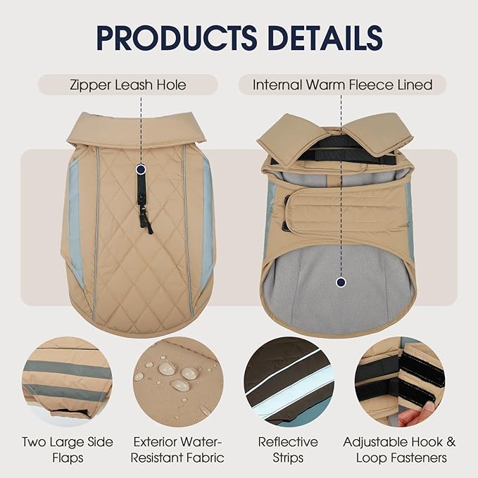 IECOii 4XL Dog Jacket Waterproof Winter - Warm Fleece Lining Jackets for Dogs, Reflective & Adjustable Snow Coat, Mashine Washable, Khaki, Sizes XXXXL