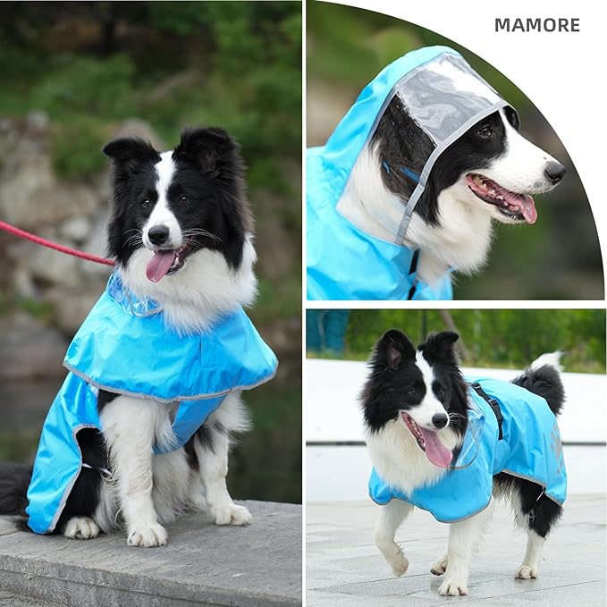 MAMORE Dog Raincoat Hooded Rain Jacket for Small Medium Large Dogs Slicker Poncho Bottom Waterproof Adjustable Reflective Breathable Leash Hole (Blue, X-Large)