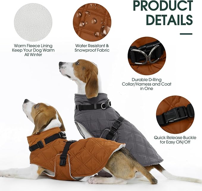 Kuoser Dog Coat Warm Fleece Lining Turtleneck Dog Jacket with Harness Built-in, Adjustable Windproof Cold Weather Coats with Quick Release Buckle Pet Winter Snowsuit for Large Dogs, Khaki XL