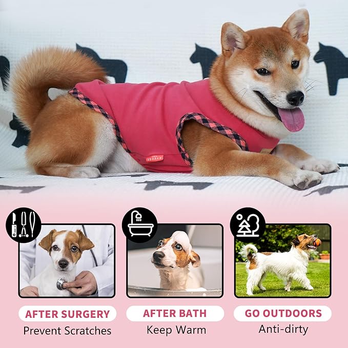 KYEESE Dog Shirt (2Pack Grey+Pink, Large) - Stretchy Velvet Pullover Vest, Lightweight Fleece, Sleeveless, Plaid Binding, Button Decoration, Breathable, Comfortable, for Small Dogs