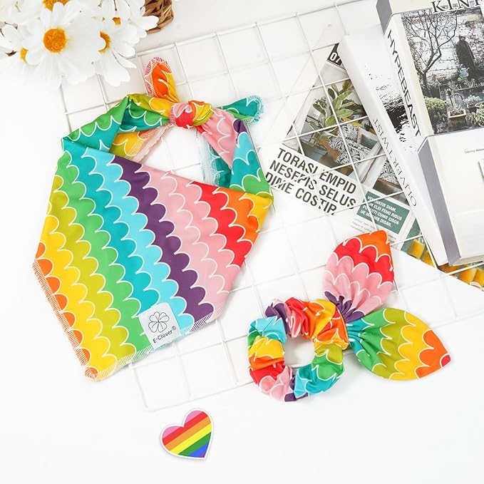 E-Clover Rainbow Dog Bandanas & Matching Scrunchie Set Girl Cute Pride Dog Scarf Bibs Pet Bandana with Bow Tie for Small Dogs Puppy Owner Mom Summer