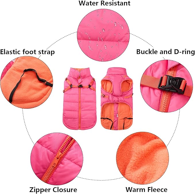 Geyecete Winter Warm Coat Waterproof Dog Winter Jacket with Harness Traction Belt,Windproof Pet Outdoor Jacket-Pink-L