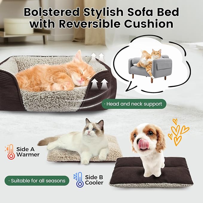 Miguel Washable Dog & Cat Bed with Removable Cushion for Medium & Small Dogs, Easy to Wash Pet Sofa Bed with Side Bolster, Dark Brown 25 Inch