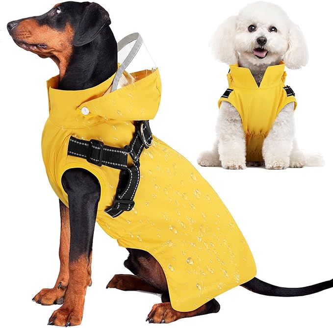 Lukovee Dog Raincoat - Waterproof Rain Jacket with Harness & Removable Hood, Reflective Double Layer Dog Rain Coat Poncho for Small Medium Large Dogs Puppy (M, Y)