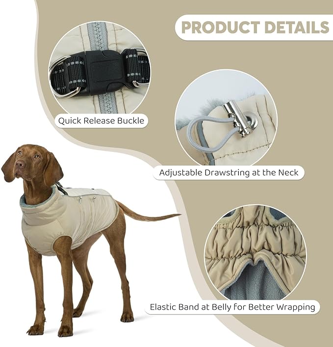 IDOMIK Warm Dog Coat with Harness, Waterproof Reflective Dog Jackets for Small Medium Large Dogs, Fleece High Collar Winter Jacket with Zipper, Pet Winter Snowsuit Clothes for Cold Weather,Khaki S