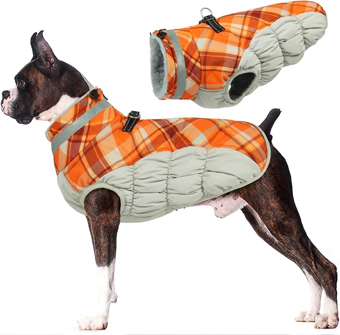 Lelepet Warm Dog Winter Coat Dog Coats for Large Dogs Waterproof Dogs Jacket with Harness Built in Reflective Cold Weather Coats Windproof Zip-Up Winter Fleece Vest Snowsuit Boxer Orange Plaid XL