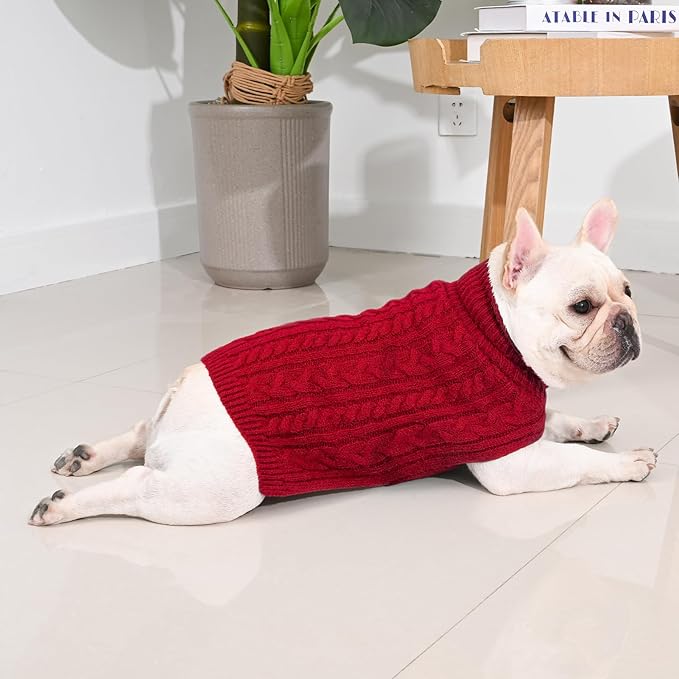 2 Pack Dog Sweaters for Medium Dogs Turtleneck Pullover Cable Knit Stretch Clothes French Bulldog Dachshund Boston Terrier Corgi Beagle Pug Boy Girl Pets Winter Clothes (L, Red & Brown)