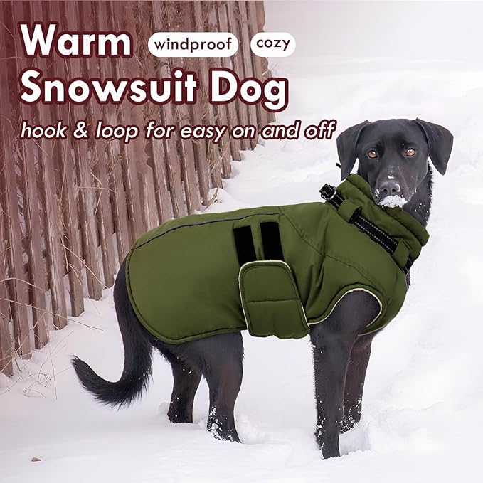 Dog Coat for Large Dogs Waterproof Winter Jacket with Harness Built-in Reflective Adjustable Hook&Loop Snowsuit for Dogs Bulldog Pitbull, XL Green