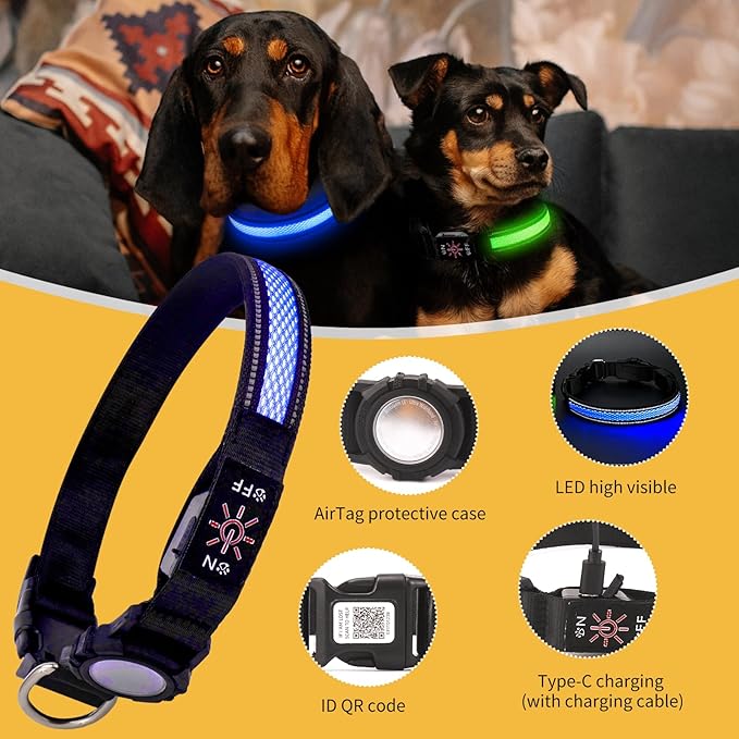 Upgraded Air Tracker Tags Dogew Collar with QR Code & LED Light, IP68 Waterproof Rechargeable Pet Collar with Reflective Strips, Heavy Duty Dog Collars for Small/Medium/Large Dogs (Blue, M(16-20 in))