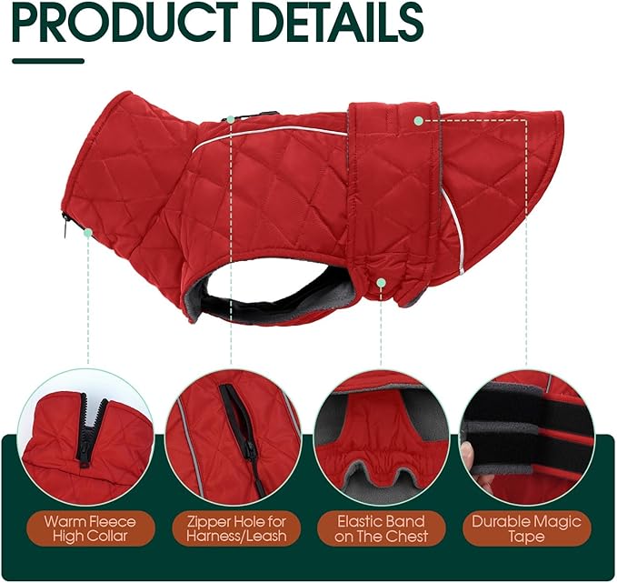 Kuoser Extra Warm Dog Jacket for Medium Dogs, Fleece Lined Dog Turtleneck Snow Suits, Windproof & Reflective Pet Winter Coat Cold Weater Clothes for Dogs, Red M