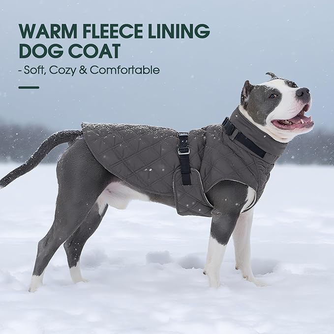 Kuoser Dog Coat Warm Fleece Lining Turtleneck Dog Jacket with Harness Built-in, Adjustable Windproof Cold Weather Coats with Quick Release Buckle Pet Winter Snowsuit for Extra Large Dogs, Grey 3XL