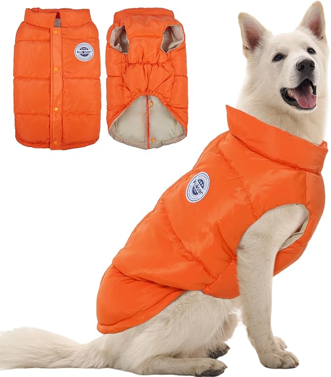 Kuoser Dog Coat Warm Dog Puffer Jacket, Windproof Dogs Padded Vest Lightweight Cold Weather Coats Pet Snowsuit Soft Puppy Winter Clothes for Extra Large Dogs, Button Design, Easy On/Off, Orange 2XL