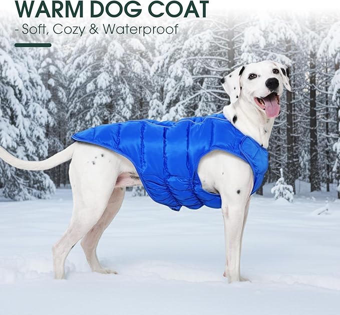 Kuoser Dog Puffer Jacket Warm Dog Coat for Extra Large Dogs, Windproof Reflective Pet Padded Vest Cold Weather Clothes Puppy Snowsuit with Hook & Loop Coats, Easy On/Off, Blue 3XL