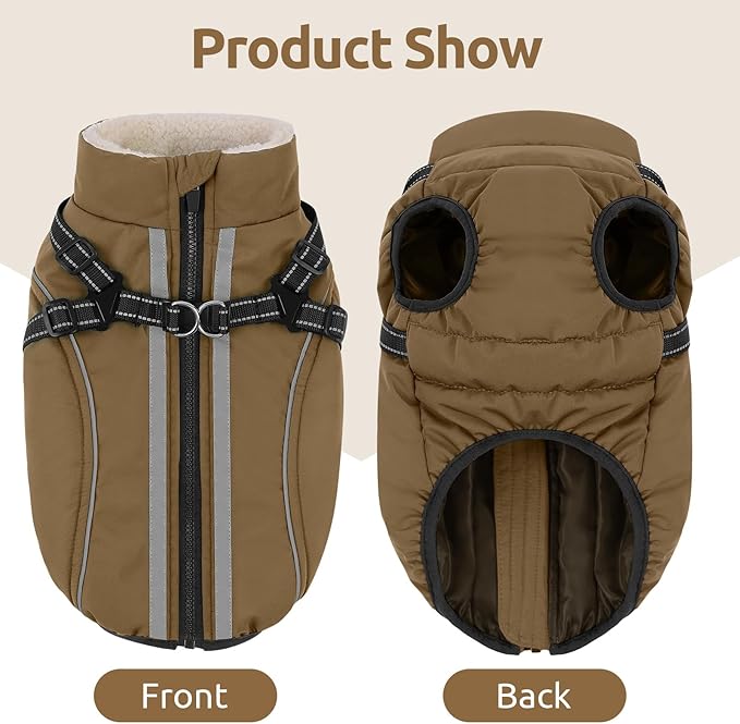 Dog Winter Coat with Harness Built in Warm Puffer Dog Jackets for Small Medium Large Dogs Windproof Waterproof Outfit with Plush Lining and Reflective Stripes (Brown, 3XL)