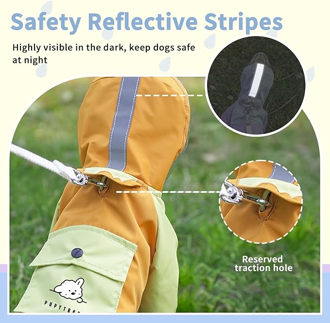 Dog Raincoat with Transparent Hood, Waterproof Jacket for Small Dogs with Snap-Button Chest, Leash Hole & Hook-and-Loop Cuffs Sleeves, Back Pocket for Treats (Blue, Large)