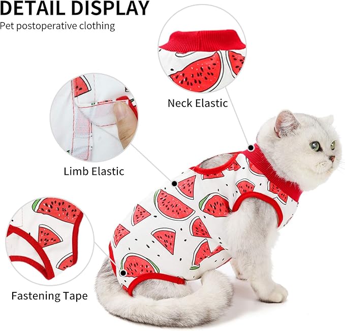 Cat Professional Surgical Recovery Suit,E-Collar Alternative for Cats Dogs,After Surgery Wear, Pajama Suit,Home Indoor Pets Clothing (M (6-8 1bs), Watermelon)