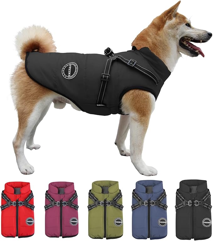 Dog Winter Coat,Warm Jacket Paded Fleece Dog Vest with Built in Harness, Windproof Reflective Cozy Adjustable Snow Pet Coat Clothes with Zipper for Small Medium Large Dogs