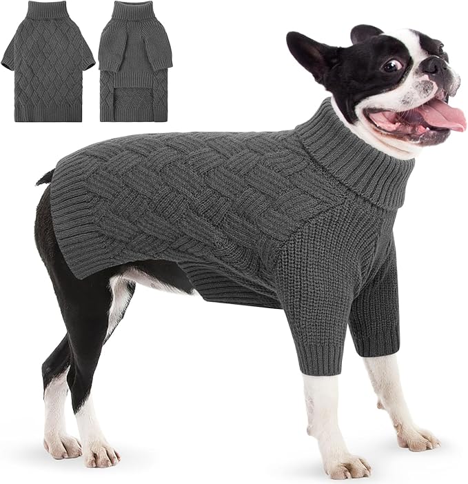 AOFITEE Dog Sweater, Dog Sweaters for Medium Dogs Girl, Warm Halloween Dogs Sweater, Winter Medium Pet Sweaters Female Male, Classic Turtleneck Knitwear for French Bulldog, Boston Terrier (Grey M)