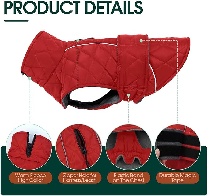 Kuoser Extra Warm Windproof Dog Cold Weather Coat, Fleece Lined Turtleneck Christmas Dog Jacket, Quilted Pet Winter Snowsuit Thermal Clothes with Reflective Adjustable Straps, Red L