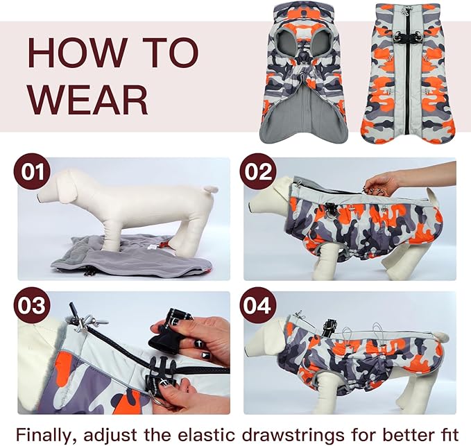 Dog Coat Dog Winter Jacket-Large, Warm Dog Coat Zip Up Snowsuit Dog Harness Vest Reflective Water-Resistant Dog Coat Dog Snow Jacket for Large Dogs French Bulldog, Pug, Orange-Camouflage