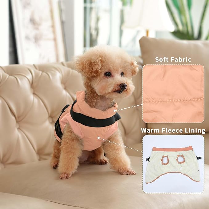 Dog Jacket with Harness,Fleece Lined Warm Puppy Coat for Winter,Soft Windproof Large Dog Vest,LightOrange XXXL