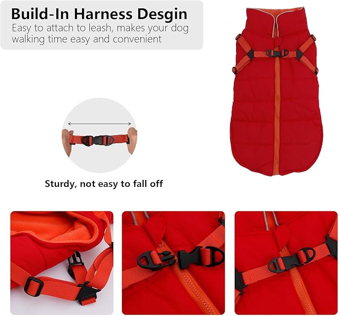 Geyecete Winter Warm Coat Waterproof Dog Winter Jacket with Harness Traction Belt,Windproof Pet Outdoor Jacket Dog Autumn-Red-XXL