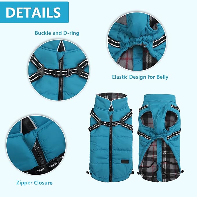 Geyecete Winter Warm Coat Waterproof Dog Jacket with Harness Traction Belt, Pet Outdoor Jacket for Small Dogs - Blue - XS
