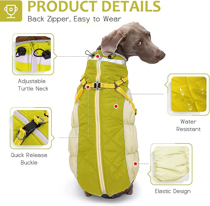 Dog Winter Coat with Harness, Dog Jacket, Pet Clothes with Zipper on Back, Waterproof Windproof Warm Vest, Reflective Cold Weather Coats, for Small Medium Large Dogs, Thick, Green, XL