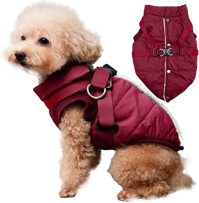 Dog Jacket with Harness,Fleece Lined Warm Puppy Coat for Winter,Soft Windproof Large Dog Vest,Red XXXL