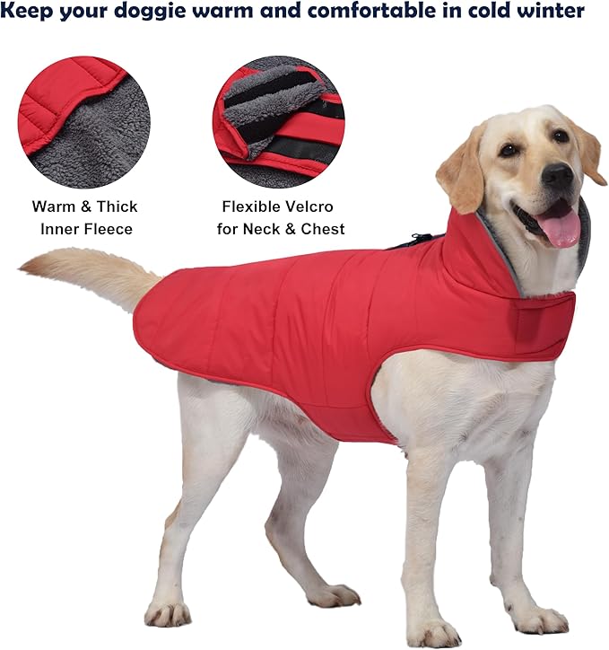 Dog Winter Coat, Waterproof Dog Jacket with Leash Hole, Reflective Adjustable Pet Snow Vest, Warm Fleece Sweater for Small Medium Large Dogs - Red, S