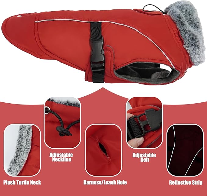 DENTRUN Dog Winter Coat - Windproof Reflective Jacket, Plush Turtleneck & Adjustable Belt, Water Repellent Fleece Lined Cold Weather Vest for Corgi Bulldog, Red, L