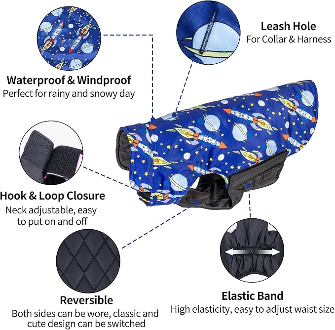 CuteBone Winter Dog Coat Reversible Waterproof Jacket with Leash Hole - Soft Thick Windproof Vest for Small Medium Large Dogs - Adjustable Cold Weather Coats