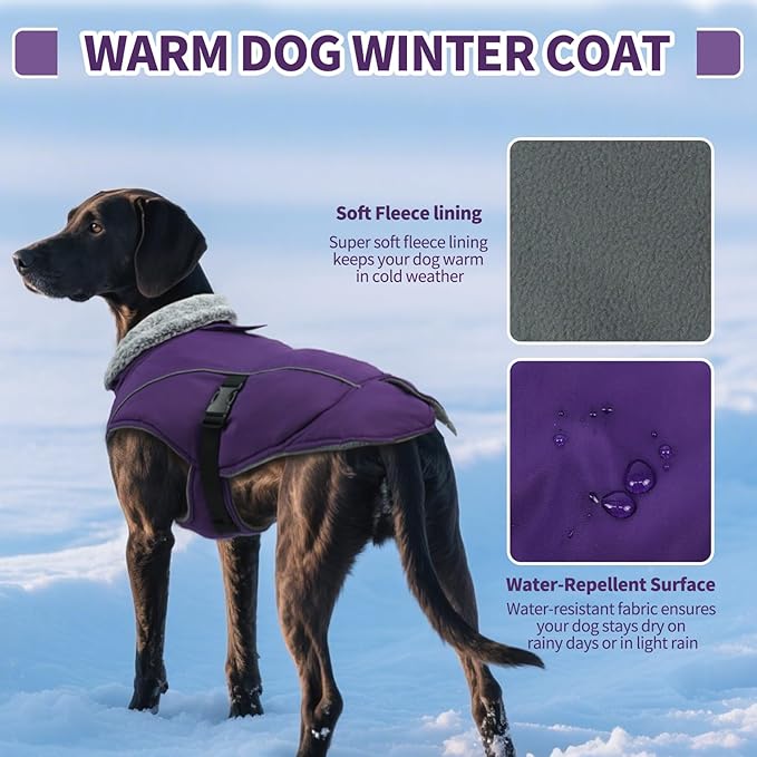 DENTRUN Extra Large Warm Dog Jacket - Windproof Water Repellent Reflective Coat, Adjustable Plush Turtleneck, Easy Wear Fleece Lined Cold Weather Vest for Great Dane, Purple, XXXL