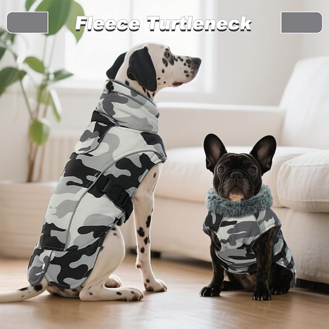 DENTRUN Dog Winter Coat - Windproof Reflective Jacket, Plush Turtleneck & Adjustable Belt, Water Repellent Fleece Lined Cold Weather Vest for Corgi Bulldog, White Camo, L
