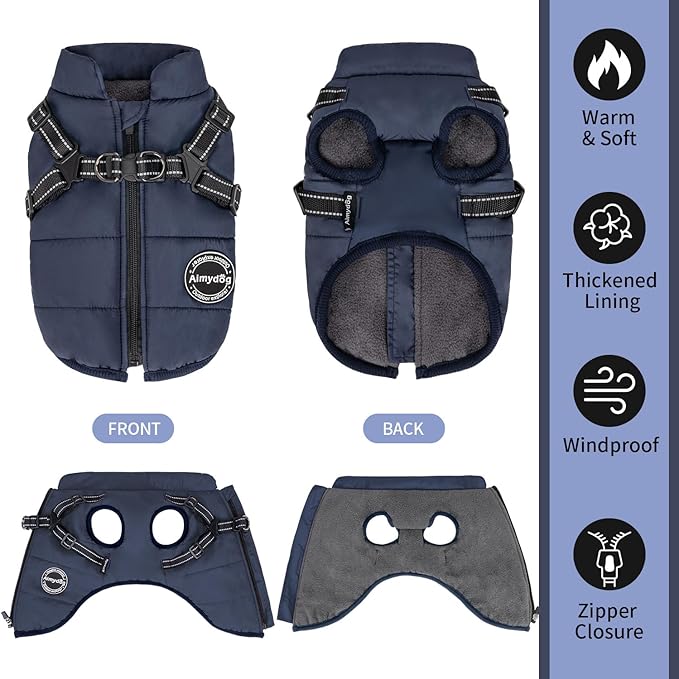Warm Winter Coat - Fashion Sports Dog Jacket with Built-in Harness, Reflective & Adjustable Comfortable Pet Vest, Waterproof Windproof Apparel for Small Dogs (Navy)