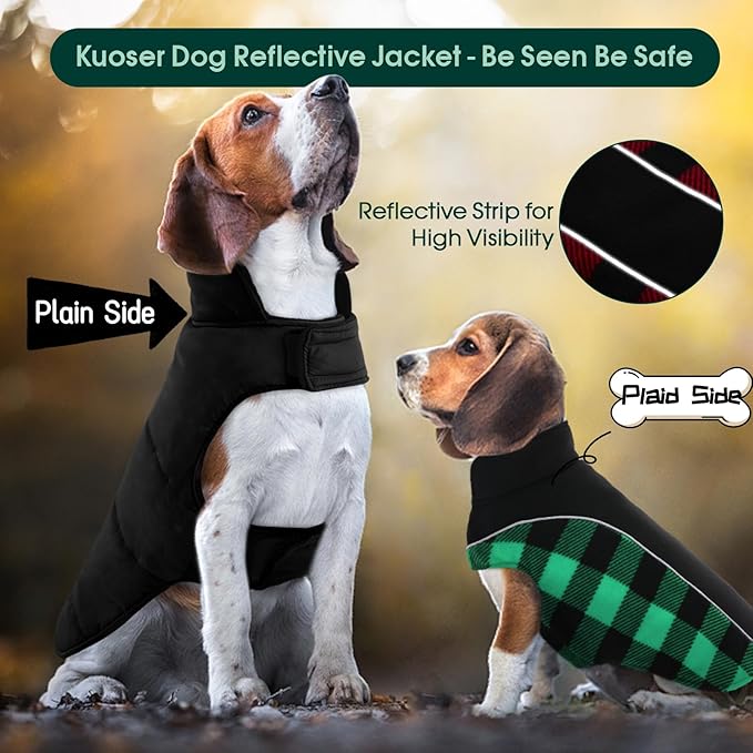 Kuoser Dog Winter Coat, Reversible Waterproof Dog Jacket with Reflective Strip, Warm Dogs Fleece Vest Adjustable Doggy Cold Weather Clothes Plaid Christmas Outfit Pet Apparel for Large Dogs, Green 2XL