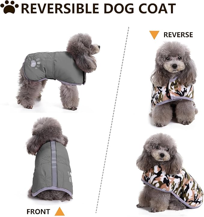 Queenmore Dog Winter Coat, Cold Weather Fleece Jacket for Dogs, Waterproof Reflective Reversible, for Small, Medium and Large Dogs (Grey, L)