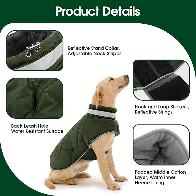 Dog Winter Coat Warm Padded Puppy Jacket Windproof Water Resistant Clothes for Small Medium Large Pets Christmas Sweater Outfit Vest(Green, 3XL)