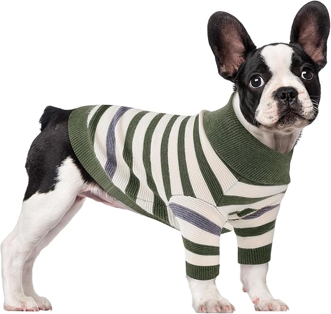 Small Dog Sweater, Knitted Striped Pullover Dog Clothes for Cold Weather, Thick Warm Cozy Stretchy Sweater for Chihuahua, Bulldog, Dachshund, Pug(Green & White Strip, XXL)