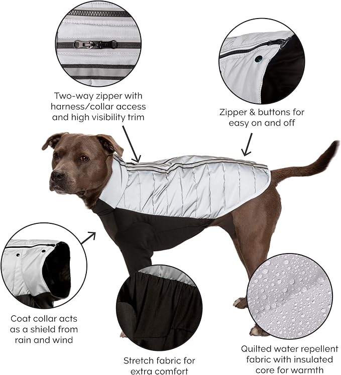 Furhaven Water-Repellent XS Dog Coat, Washable & Reflective w/ Leash Access & Stretch Fabric - Pro-Fit Active Jacket - Chrome, Extra Small