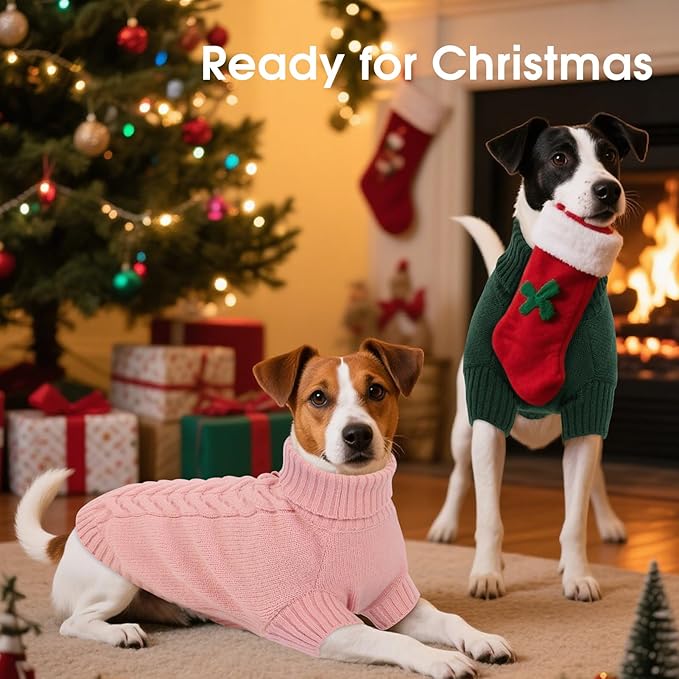 Dog Sweaters for Small Dogs Classic Turtleneck Dog Christmas Sweater Thick Warm Pullover Male Puppy Pet Stretch Knitwear Fall Winter Clothes with Leash Hole(Green, S)