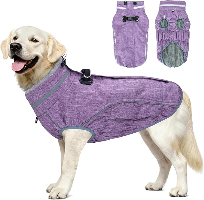 Malier Dog Coat, Reflective Dog Jacket Waterproof Windproof Puppy Cold Weather Coats with Harness Built in, Winter Extra Warm Pet Coat Fleece Vest for Small Large Pets and Puppy (Purple, XXX-Large)