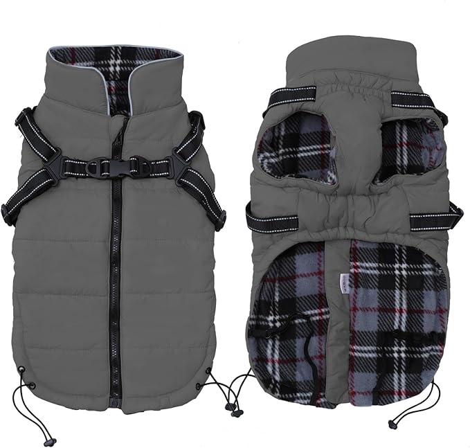 Geyecete Warm Waterproof Dog Coat With Harness Traction Belt - Pet Outdoor Autumn and Winter Jacket for Medium, Small Dogs - Gray - S