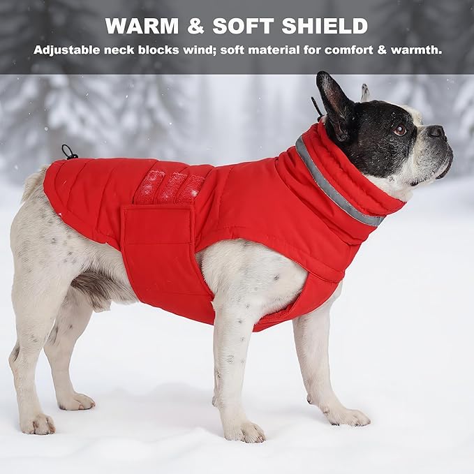 Dog Coat, Waterproof Winter Jacket, Warm Windproof Jacket, Reflective Adjustable Turtleneck Coats for Small Dogs with Hook & Loop - Red - S