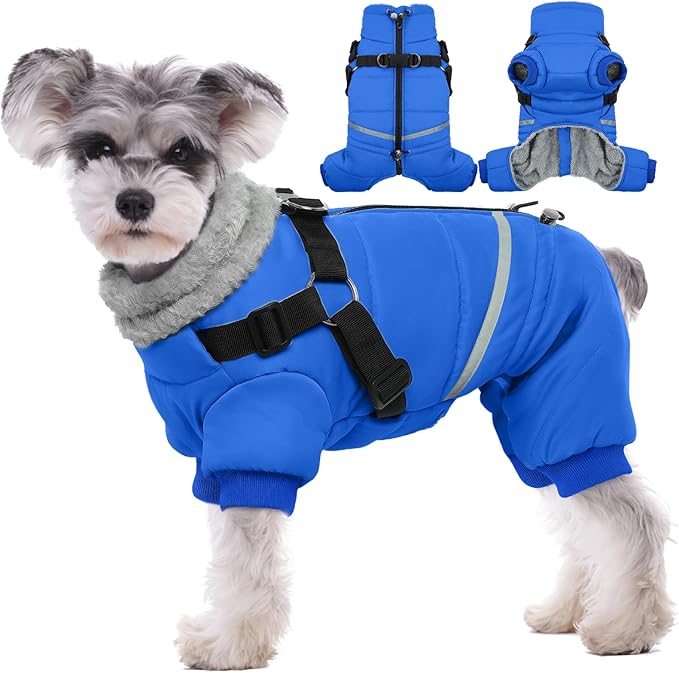 BRKURLEG Blue Dog Winter Coat, Cozy Winter Dog Jackets, Small Dogs Coat with Harness, Onesie Body Warm Puppy Christmas Jacket, Pet Reflective Cold Weather Jackets, Puppy Four-Legged Puffer Coats, XL
